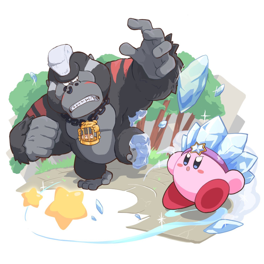 battle black_fur blush_stickers cage chain clenched_hand copy_ability gorilla gorimondo highres ice_kirby ice_shard kirby kirby_(series) kirby_and_the_forgotten_land looking_at_another poyo_party sparkle star_(symbol) teeth tree waddle_dee