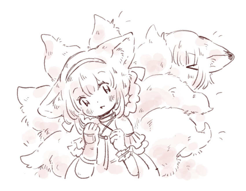 2girls animal_ears arknights blush braid braided_hair_rings commentary_request fox_ears fox_girl fox_tail gloves hair_rings hairband hands_up hugging_another's_tail hugging_tail kitsune kyuubi momomomowan monochrome multiple_girls multiple_tails short_hair single_glove single_wrist_cuff sussurro_(arknights) suzuran_(arknights) tail twin_braids wrist_cuffs