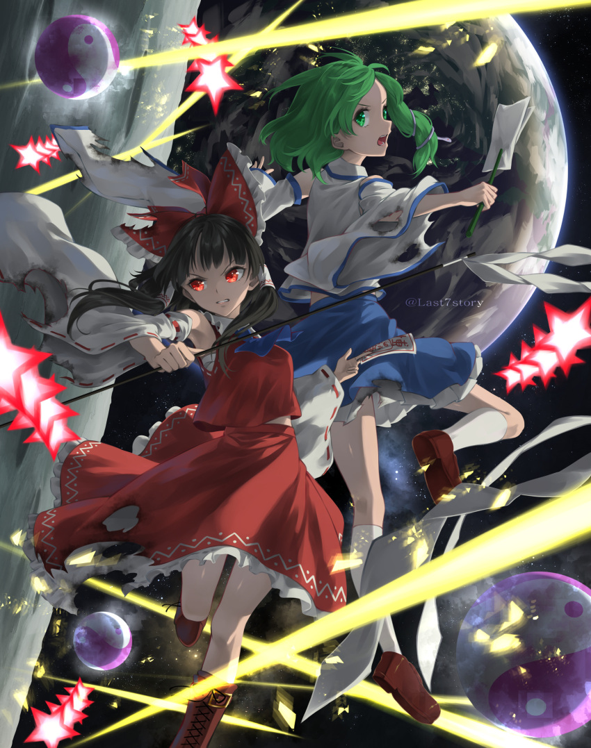 2girls absurdres ascot black_hair blue_ascot blue_skirt boots bow breasts brown_footwear clenched_teeth collared_shirt commentary_request cross-laced_footwear detached_sleeves earth_(planet) fighting frilled_bow frilled_skirt frills full_body gohei green_eyes green_hair hair_bow hair_ornament hakurei_reimu highres kochiya_sanae legacy_of_lunatic_kingdom long_hair looking_at_viewer looking_to_the_side medium_bangs medium_breasts moon multiple_girls ofuda_between_fingers open_mouth orb otomeza_ryuseigun planet red_bow red_eyes red_shirt red_skirt ribbon-trimmed_sleeves ribbon_trim shirt shoes sidelocks single_sidelock skirt skirt_set sleeveless sleeveless_shirt snake_hair_ornament socks space star_(symbol) swept_bangs talisman teeth torn_clothes torn_skirt torn_sleeves touhou v-shaped_eyebrows white_shirt white_sleeves white_socks wide_sleeves yin_yang yin_yang_orb