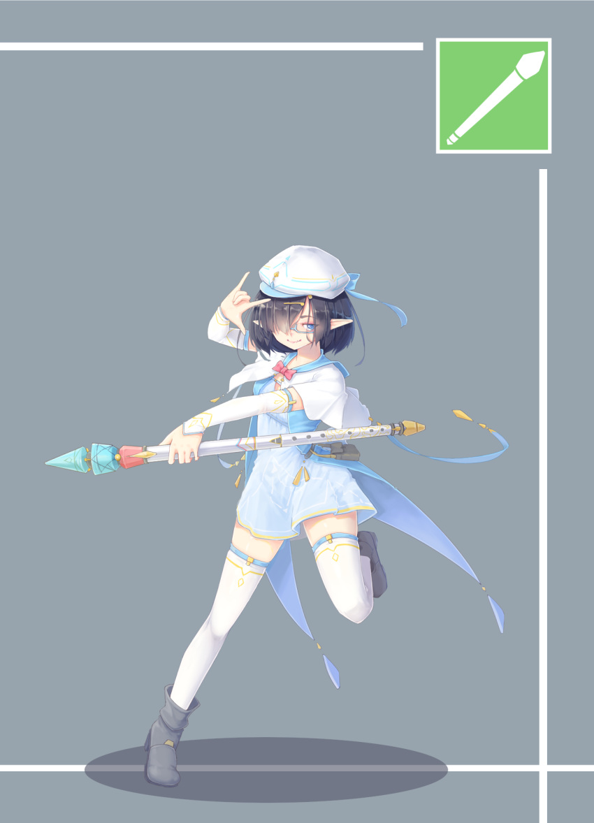 1girl \m/ black_hair blue_dress blue_eyes bow bowtie capelet detached_sleeves dress flute full_body grey_background grey_footwear hair_over_one_eye hat hat_bow highres holding holding_wand holding_weapon instrument kearful original pointy_ears pouch red_bow red_bowtie sailor_collar semi-rimless_eyewear short_dress short_hair simple_background thigh-highs wand weapon white_capelet white_thighhighs zettai_ryouiki