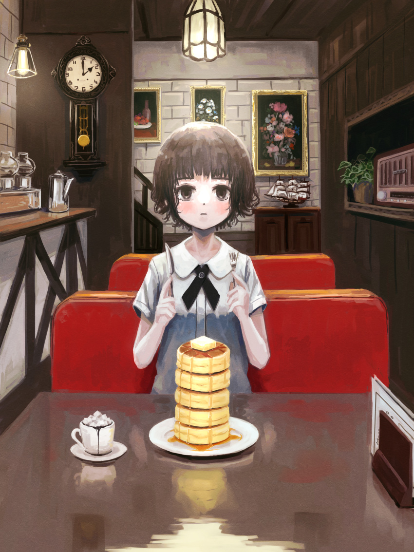 1girl absurdres blunt_bangs brown_eyes brown_hair butter cafe ceiling_light clock coffee_cup cup disposable_cup food fork highres holding holding_fork holding_knife knife looking_at_viewer maple_syrup model_ship okura_lino original painting_(object) pancake plant potted_plant scenery short_hair sitting solo table