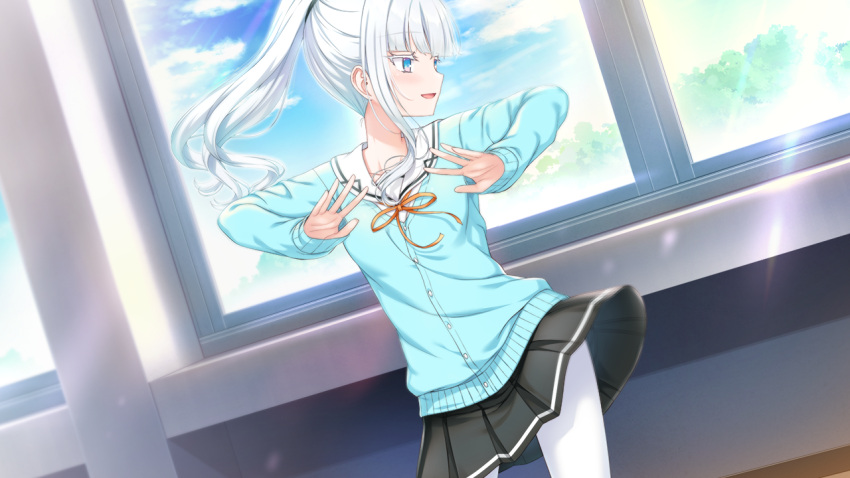 1girl aikotoba_-silver_snow_sister- any_(trueblue) black_skirt blue_cardigan blue_eyes blue_sky blush cardigan clouds cowboy_shot day game_cg hoshitsugu_shirone indoors long_hair looking_to_the_side neck_ribbon non-web_source open_mouth orange_ribbon outstretched_arms pantyhose pleated_skirt ponytail ribbon sailor_collar school_uniform serafuku skirt sky smile solo spread_arms sunlight white_hair white_pantyhose white_sailor_collar window