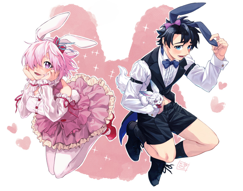1boy 1girl absurdres alternate_costume amami_tokko animal_ears black_footwear black_hair black_shorts black_socks black_vest blue_bow blue_bowtie blue_eyes blush bow bowtie collared_shirt commentary_request creature detached_sleeves dress fake_animal_ears fate/grand_order fate_(series) fou_(fate) frilled_dress frills fujimaru_ritsuka_(male) hair_over_one_eye highres holding holding_creature long_sleeves looking_at_viewer mash_kyrielight one_eye_covered pantyhose pink_dress pink_hair rabbit_ears red_footwear shirt shoes short_hair shorts smile socks two-tone_dress vest violet_eyes white_dress white_pantyhose white_shirt