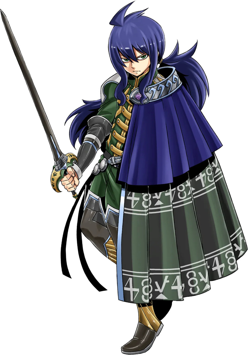 1boy black_gloves blue_cloak blue_hair boots cloak dark_blue_hair elbow_gloves fingerless_gloves full_body gate_of_nightmares gloves green_cloak green_eyes green_jacket highres holding holding_sword holding_weapon jacket long_hair looking_at_viewer mashima_hiro official_art oristhor_(gate_of_nightmares) simple_background solo sword transparent_background two-tone_cloak weapon