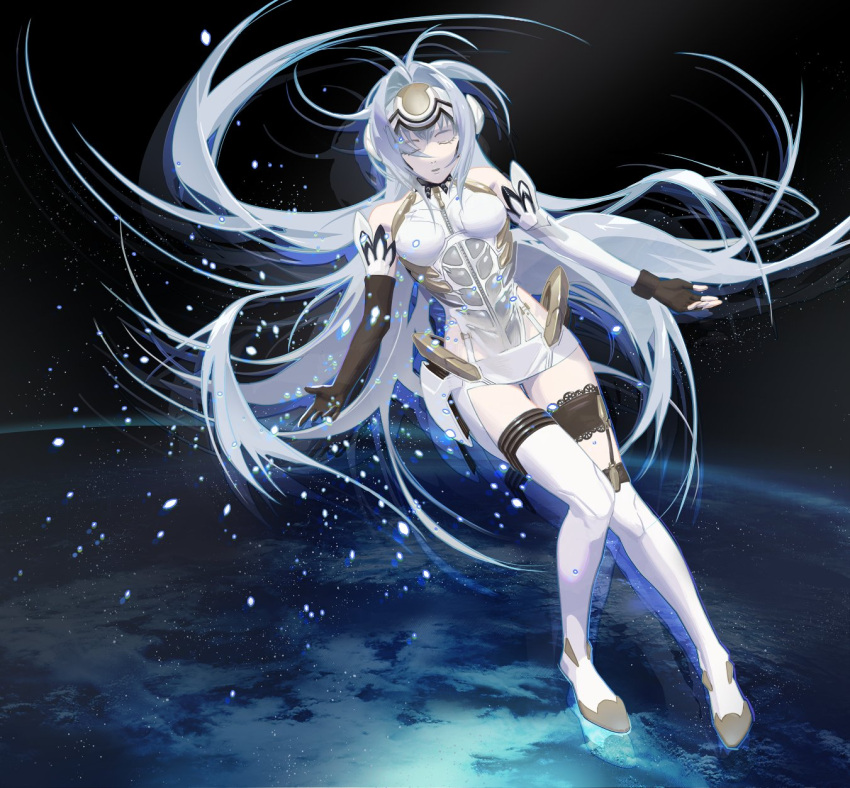 1girl android bare_shoulders blue_hair breasts cofffee elbow_gloves fingerless_gloves forehead_protector gloves highres kos-mos leotard long_hair planet solo space thigh-highs very_long_hair white_leotard xenosaga