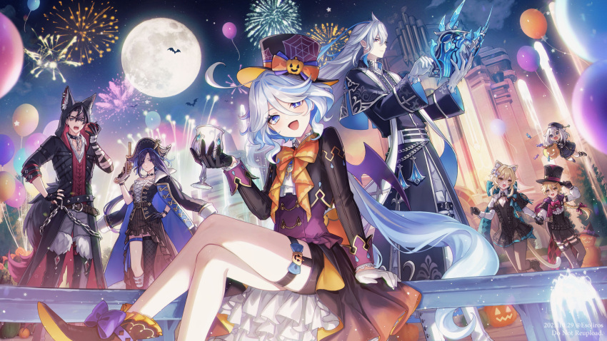 3boys 4girls :d adjusting_clothes adjusting_headwear aerial_fireworks aether_(genshin_impact) ahoge amaichi_esora animal_ear_fluff animal_ear_piercing animal_ears animal_hood apple aqua_bow arm_support artist_name asymmetrical_gloves award_ribbon balloon bandaged_arm bandages bat_(animal) belt belt_buckle beret bicorne black_capelet black_choker black_coat black_collar black_eyes black_footwear black_gloves black_hair black_headwear black_jacket black_nails black_robe black_shorts black_skirt black_thighhighs blonde_hair blue_bow blue_eyes blue_hair blush boots bow bowtie braid braided_ponytail brother_and_sister brown_belt brown_pantyhose buckle building buttons candy capelet cat_ears cat_girl cat_tail center_frills chain chalice choker clorinde_(genshin_impact) closed_mouth clouds coat coat_on_shoulders collar collared_shirt commentary corset cosplay cropped_jacket cross cross-laced_clothes crossed_legs cup dated demon_wings detached_sleeves double-breasted drop-shaped_pupils earrings elbow_gloves english_commentary expressionless eyelashes facial_mark fingerless_gloves fingernails fireworks fishnet_thighhighs fishnets floating_hair flower food footwear_bow fountain freminet_(genshin_impact) freminet_(genshin_impact)_(cosplay) frilled_corset frilled_skirt frills fruit full_moon fur-trimmed_boots fur_trim furina_(genshin_impact) genshin_impact gloves grey_hair grey_pants gun hair_between_eyes hair_flower hair_intakes hair_ornament halloween halloween_bucket halloween_costume hand_on_own_hip hand_up handgun hands_up hat hat_bow head_tilt heterochromia highres holding holding_cup holding_food holding_fruit holding_gun holding_hands holding_weapon hood hood_up hooded_coat huge_bow jack-o'-lantern jacket jewelry lapels long_hair long_sleeves looking_at_viewer low_ponytail lumine_(genshin_impact) lynette_(genshin_impact) lynette_(genshin_impact)_(cosplay) lyney_(genshin_impact) lyney_(genshin_impact)_(cosplay) medium_hair mismatched_gloves mismatched_pupils moon multicolored_hair multiple_boys multiple_girls nail_polish neuvillette_(genshin_impact) night night_sky open_clothes open_coat open_jacket open_mouth orange_bow orange_bowtie orange_headwear outdoors paimon_(genshin_impact) pants pantyhose parted_bangs piercing pointy_ears ponytail pumpkin pumpkin_hat_ornament purple_bow purple_corset purple_hair purple_wings red_bow red_bowtie red_vest robe shirt short_hair short_hair_with_long_locks short_shorts shorts shrug_(clothing) siblings sidelocks silver_trim single_braid single_earring single_thighhigh sitting skirt sky sleeve_cuffs smile spikes standing star_(symbol) star_facial_mark strapless strapless_shirt streaked_hair studded_collar sweatdrop swept_bangs symbol-shaped_pupils tail teardrop_facial_mark teeth thigh-highs thigh_boots thigh_strap tilted_headwear top_hat tree twitter_username upper_teeth_only very_long_hair vest violet_eyes water watermark weapon white_flower white_gloves white_hair white_shirt wide-eyed wing_collar wings wolf_boy wolf_ears wolf_tail wriothesley_(genshin_impact) yellow_eyes