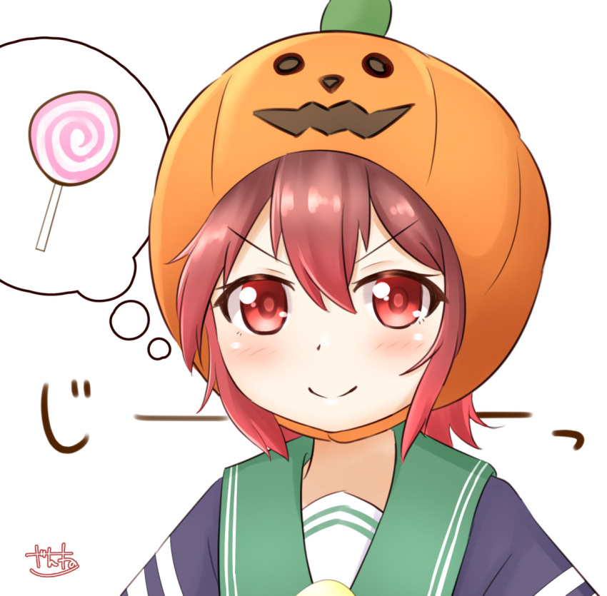 1girl blue_jacket brown_hair candy food gradient_hair green_sailor_collar hood jacket kantai_collection lollipop looking_at_viewer multicolored_hair mutsuki_(kancolle) mutsuki_kai_ni_(kancolle) one-hour_drawing_challenge pumpkin redhead sailor_collar school_uniform serafuku short_hair simple_background smile solo thought_bubble upper_body white_background zanne