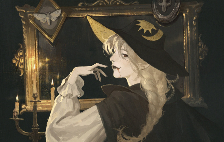 1girl black_cape black_lips black_nails blonde_hair blood candle candlelight candlestand cape highres lipstick long_hair looking_at_viewer makeup mirror original pale_skin pointy_ears red_eyes shirt smile solo tagme toivarg vampire
