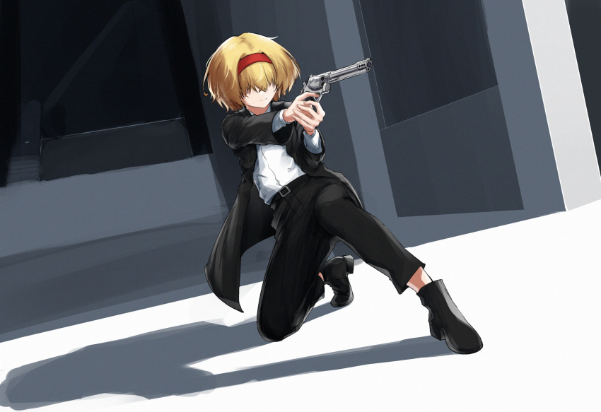 1girl aiming alice_margatroid belt black_belt black_coat black_footwear black_pants blonde_hair boots closed_mouth coat collared_shirt commentary_request cookie_(touhou) expressionless full_body gun hair_between_eyes hair_over_eyes hairband highres holding holding_gun holding_weapon jigen_(cookie) long_bangs long_sleeves on_one_knee open_clothes open_coat pants red_hairband revolver shadow shirt short_hair solo suit touhou traveler_hxy weapon white_shirt