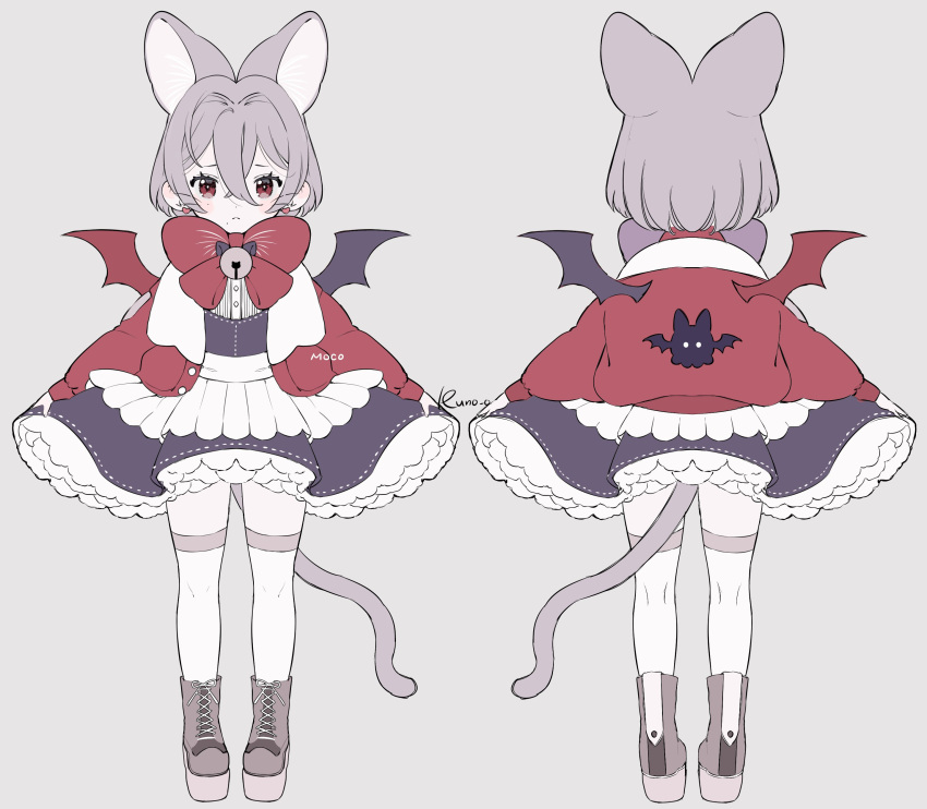 1girl absurdres animal_ear_fluff animal_ears artist_name bow bowtie brown_footwear cat_tail dress grey_hair highres jacket jikuno light_brown_background long_sleeves mini_wings original purple_dress red_bow red_eyes short_hair simple_background sketch solo tail tearing_up thigh-highs wings