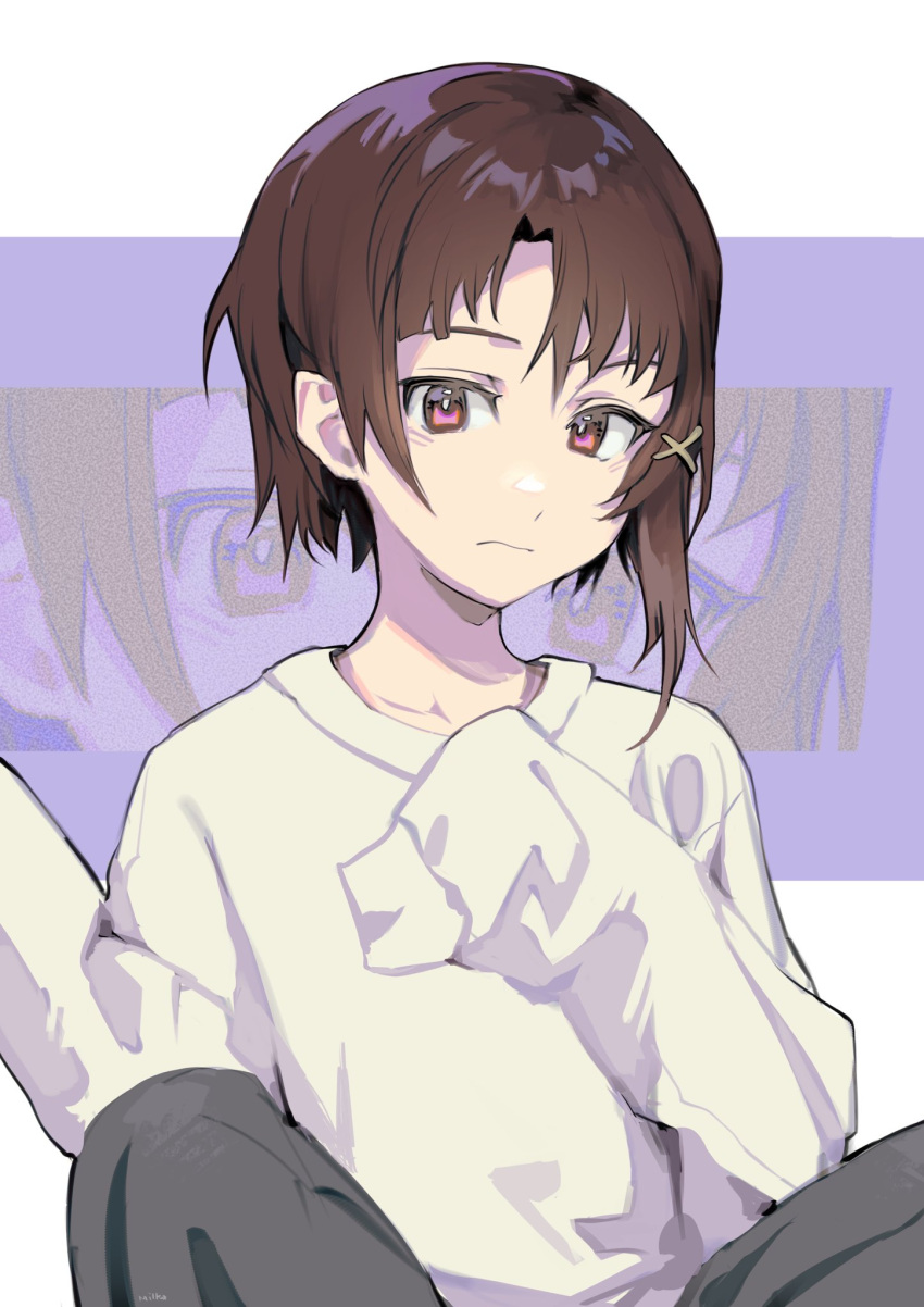 1girl asymmetrical_hair brown_hair collarbone commentary cowboy_shot english_commentary frown grey_pants hair_ornament highres indian_style iwakura_lain looking_at_viewer milka_(milk4ppl) pants parted_bangs pink_eyes purple_background serial_experiments_lain shirt short_hair sitting sleeves_past_fingers sleeves_past_wrists solo two-tone_background white_background white_shirt x_hair_ornament zoom_layer