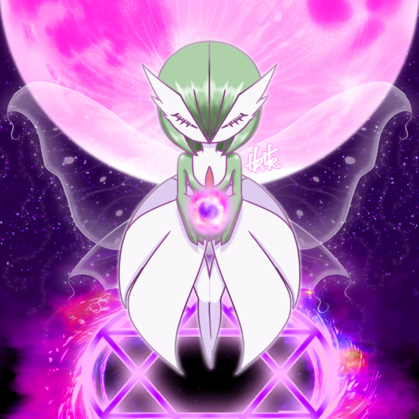 1girl artist_name bob_cut closed_eyes colored_skin commentary_request eyelashes fairy_wings flat_chest full_body full_moon gardevoir green_hair green_skin hair_between_eyes highres legs legs_together magic magic_circle moon moonblast_(pokemon) multicolored_skin own_hands_together pink_moon pokemon pokemon_(creature) pokemon_move short_hair signature solo standing te_(pixiv_3915332) transparent_wings two-tone_skin u_u white_skin wings