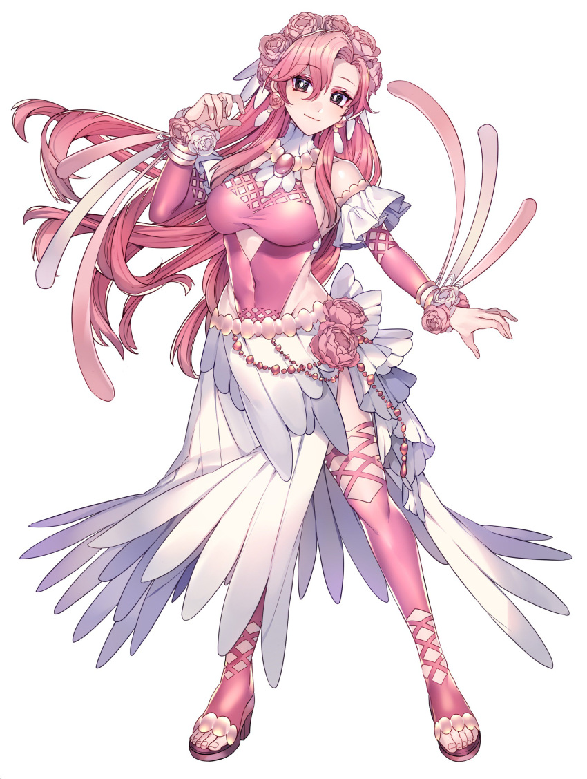1girl absurdres black_eyes breasts bright_pupils closed_mouth covered_navel earrings fingernails flower flower_earrings full_body hair_between_eyes hair_intakes highres jewelry katagiri_hachigou large_breasts leotard long_hair oricorio oricorio_(pa'u) over-kneehighs personification pink_flower pink_hair pink_leotard pink_thighhighs pokemon shirt side_slit simple_background smile solo thigh-highs toeless_footwear toenails white_background white_flower white_pupils white_shirt