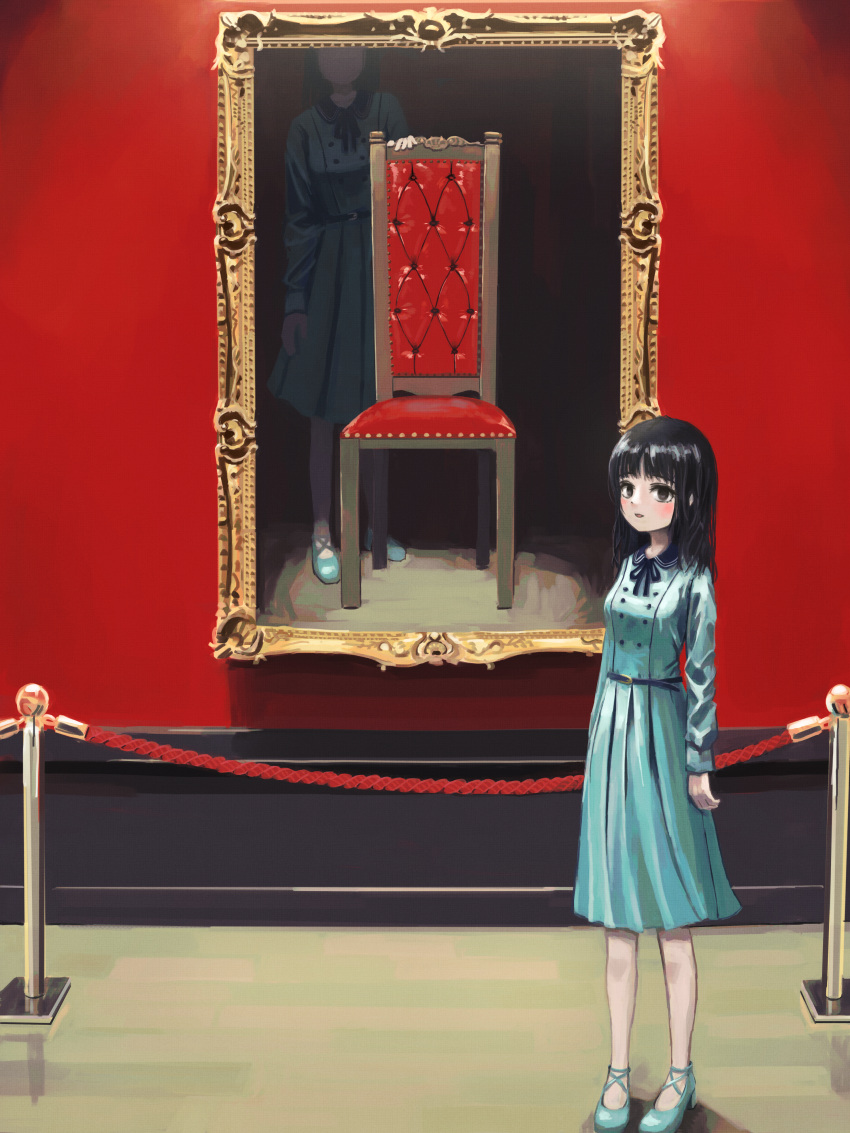 1girl absurdres art_gallery black_eyes black_hair blue_dress blue_footwear blunt_bangs chair dress highres looking_at_viewer medium_hair okura_lino original painting_(object) picture_frame solo stanchion