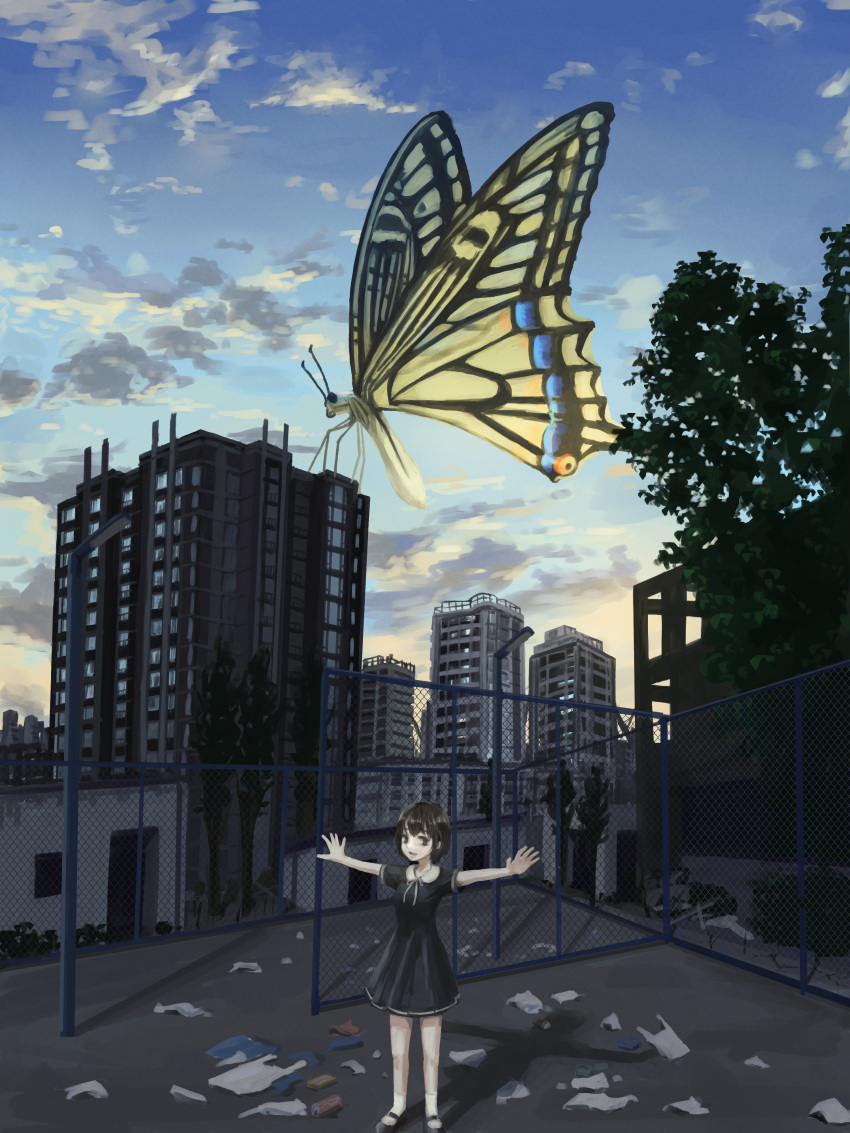 1girl absurdres black_dress blue_sky brown_eyes brown_hair bug building butterfly chain-link_fence city clouds dress evening fence gradient_sky highres lamppost okura_lino orange_sky original outdoors outstretched_arms oversized_insect scenery short_hair sky solo standing trash