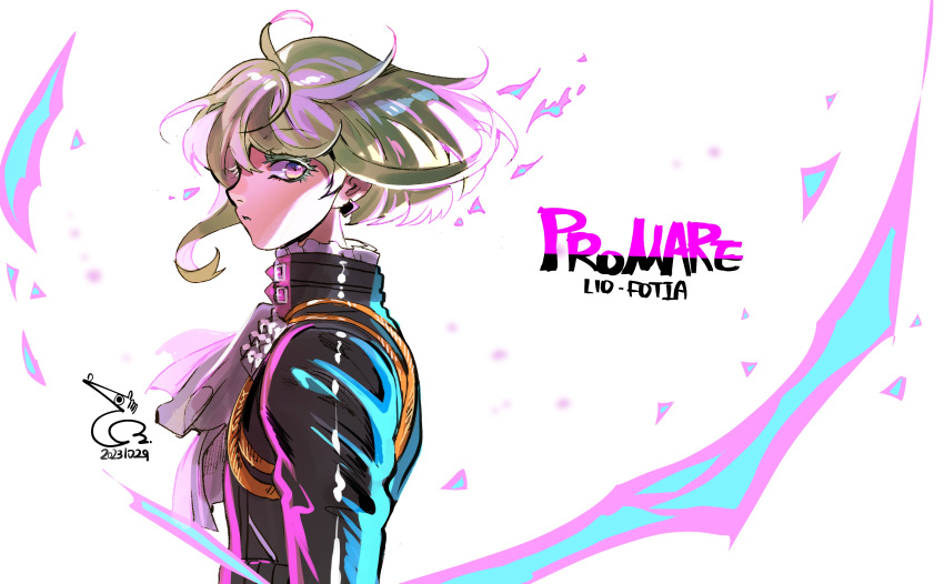 1boy 302 absurdres ahoge ascot black_jacket character_name colored_eyelashes copyright_name earrings fire from_side green_hair highres jacket jewelry lio_fotia looking_at_viewer male_focus otoko_no_ko parted_lips pink_fire promare short_hair sidelocks simple_background solo triangle_earrings violet_eyes white_ascot white_background