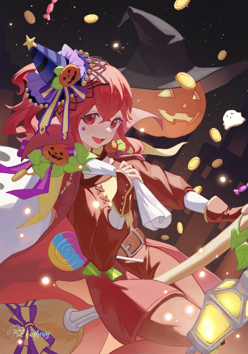 1girl absurdres anna_(fire_emblem) artist_name belt belt_buckle black_headwear broom broom_riding buckle candy coin commentary dress fire_emblem fire_emblem_awakening fire_emblem_engage fire_emblem_heroes food hair_ornament halloween halloween_costume hat highres holding holding_sack jack-o'-lantern long_hair long_sleeves looking_at_viewer official_alternate_costume open_mouth ponytail pumpkin red_belt red_dress red_eyes redhead sack smile solo tzzis witch_hat