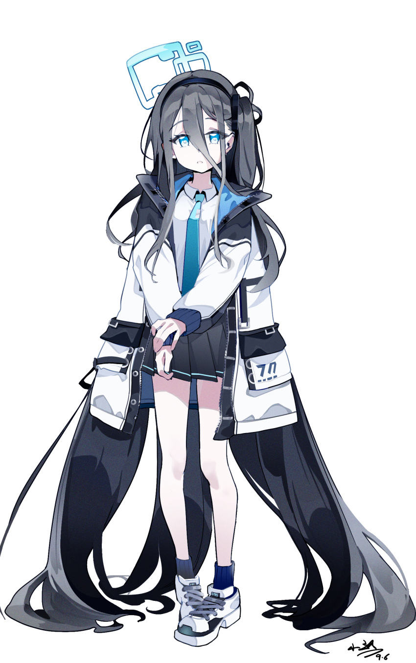 1girl absurdly_long_hair absurdres aris_(blue_archive) black_hair black_headband black_skirt blue_archive blue_eyes blue_halo blue_necktie blue_socks collared_shirt commentary_request dated full_body hair_between_eyes halo hayate_(1034853996) headband highres jacket long_bangs long_hair looking_at_viewer necktie open_clothes open_jacket own_hands_together parted_lips pleated_skirt shirt shoes side_ponytail signature simple_background skirt socks solo standing very_long_hair white_background white_footwear white_jacket white_shirt