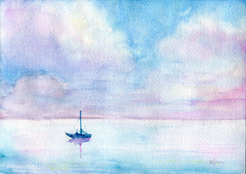 amima_amita blue_sky boat clouds cloudy_sky day highres horizon no_humans ocean original painting_(medium) sail sky traditional_media water water_world watercolor_(medium) watercraft
