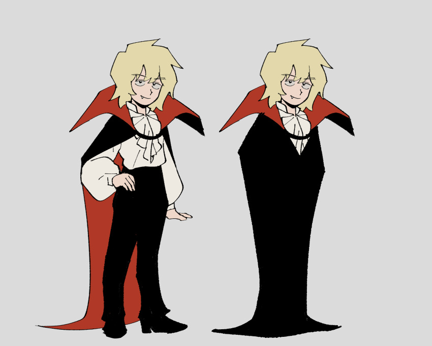 1boy alternate_costume alternate_universe black_cape black_pants blonde_hair cape closed_mouth commentary english_commentary fang fang_out full_body grey_background hanazawa_teruki highres kyokyeo long_sleeves looking_at_viewer male_focus mob_psycho_100 pants red_cape shirt short_hair simple_background smile standing two-sided_cape two-sided_fabric vampire white_shirt