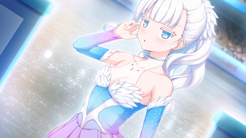 1girl aikotoba_-silver_snow_sister- any_(trueblue) bare_shoulders blue_dress blue_eyes blush breasts detached_sleeves dress earrings figure_skating_dress game_cg hoshitsugu_shirone indoors jewelry jitome long_hair looking_at_viewer non-web_source parted_lips ponytail skating_rink small_breasts solo two-tone_dress upper_body white_dress white_hair