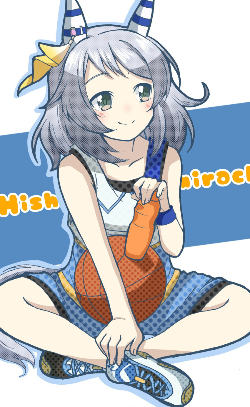 1girl alternate_costume animal_ears ball bare_shoulders basketball_(object) blue_shorts blush bottle character_name closed_mouth commission drop_shadow ear_covers emapippi full_body green_eyes grey_hair highres hishi_miracle_(umamusume) holding holding_bottle horse_ears horse_girl horse_tail indian_style looking_to_the_side medium_hair shoes shorts sitting skeb_commission smile sneakers solo tail tank_top umamusume water_bottle white_footwear