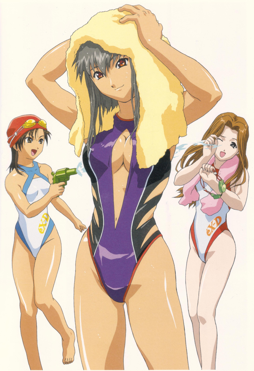 breasts casual_one-piece_swimsuit cleavage cleavage_cutout competition_swimsuit drying endou_lorna ex-driver goggles goggles_on_head happy highres kazama_rei one-piece_swimsuit sakakino_lisa scan smile swim_cap swimsuit towel water_gun wince
