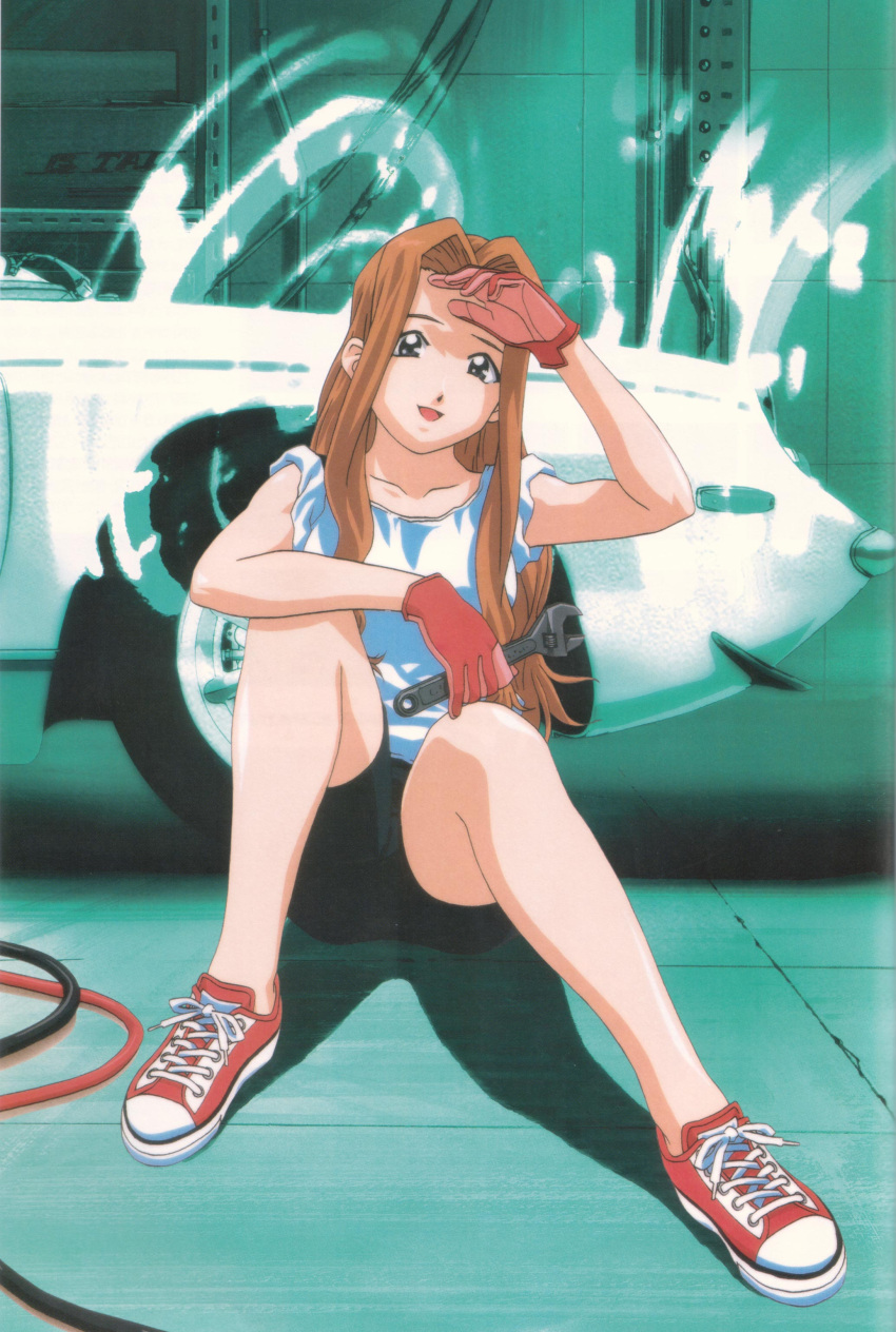 car endou_lorna ex-driver gloves highres lotus_(brand) lotus_europa motor_vehicle no_socks shoes sneakers solo vehicle wrench