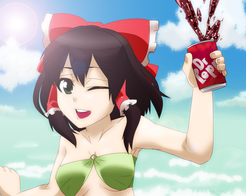 artist_request bandeau bikini_top breasts dr_pepper drink hakurei_reimu jeno lens_flare o-ring_top product_placement ribbon sky soda_can solo swimsuit touhou underboob wink