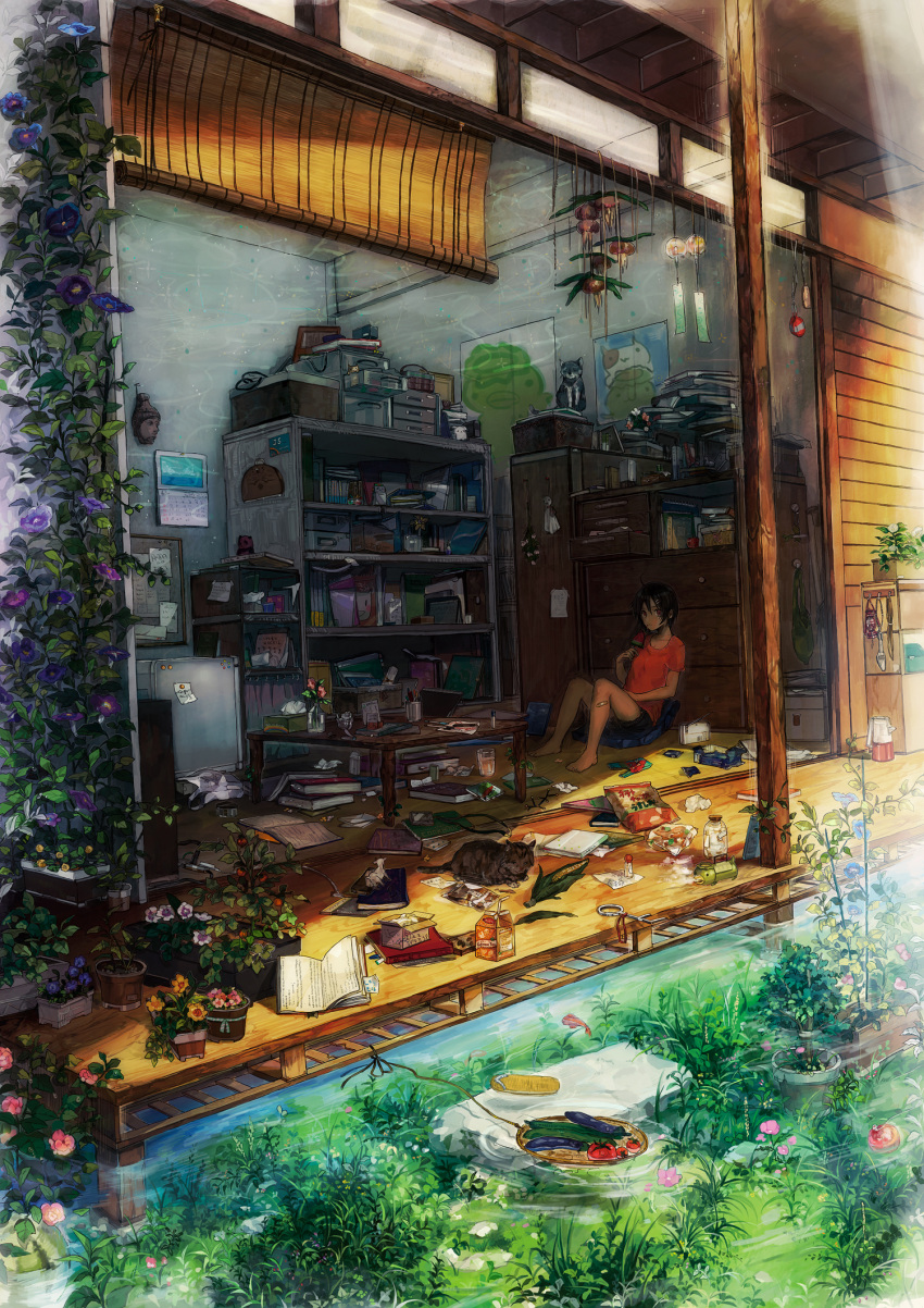 bandaid barefoot blinds book brown_eyes brown_hair cat corn cucumber eating eggplant fish flower goldfish grass hair_ornament hairclip highres messy_room morning_glory nature neyagi original pixiv_festa plant popsicle potted_plant room scenery shade short_hair shorts sitting solo suika_bar tomato water wind_chime