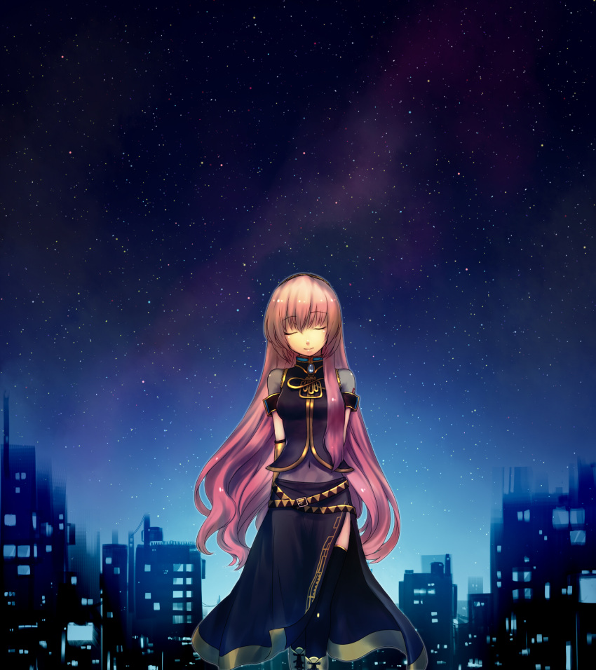 boots cityscape closed_eyes highres long_hair megurine_luka navel night oharu pink_hair skirt sky smile solo thigh-highs thighhighs very_long_hair vocaloid