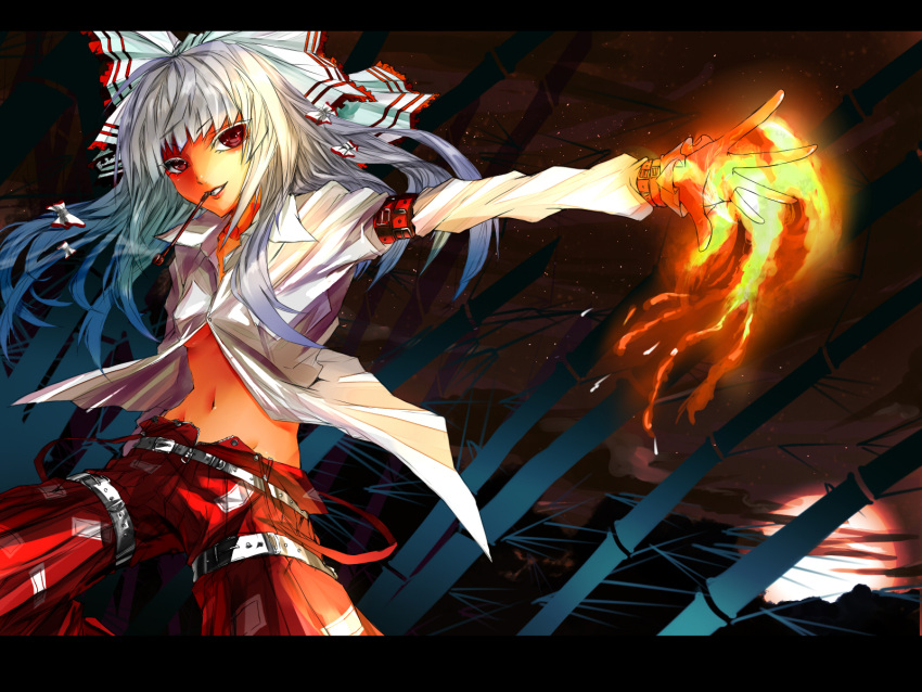 bamboo bamboo_forest belt bow breasts colored_eyelashes eyelashes fire forest fujiwara_no_mokou hair_bow highres karlwolf kiseru letterboxed long_hair mouth_hold nature navel pipe red_eyes smile solo suspenders touhou under_boob underboob white_hair white_shirt