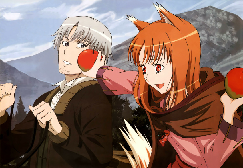 animal_ears apple black_eyes brown_hair cloud clouds craft_lawrence food fruit highres holo horo jacket long_hair open_mouth red_eyes short_hair silver_hair sky spice_and_wolf tail