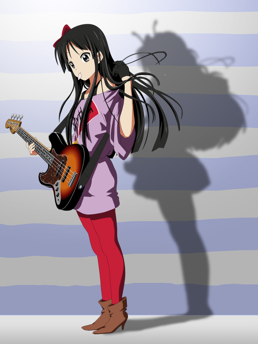 1girl akiyama_mio bass_guitar black_eyes black_hair casual different_shadow dual_persona guitar highres instrument k-on! knives_(artist) listen!! long_hair mouth_hold pantyhose plectrum shadow solo