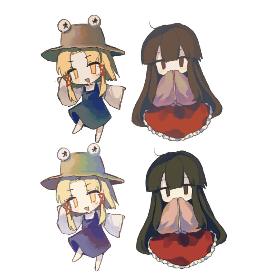 2girls animal_hat black_eyes black_hair blonde_hair blue_dress blush_stickers brown_headwear chinese_commentary commentary_request dress frilled_skirt frills hat houraisan_kaguya long_hair long_skirt long_sleeves medium_hair moriya_suwako multiple_girls no_nose open_mouth pink_shirt red_skirt shirt simple_background skirt sleeves_past_fingers sleeves_past_wrists smile touhou variations white_background white_shirt wide_sleeves yellow_eyes youshouhaoxianzhe