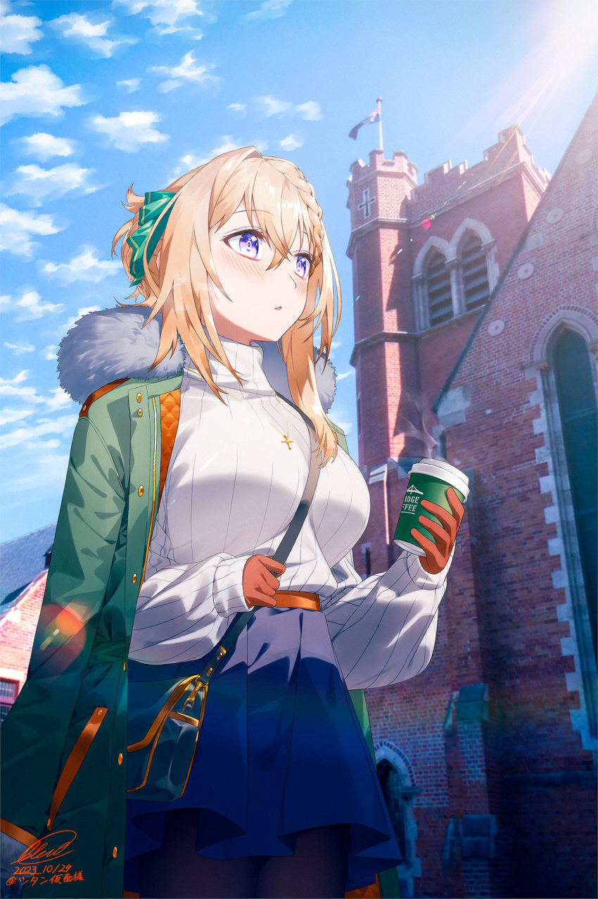 1girl bag blew_andwhite blonde_hair blush braid braided_bangs braided_bun breasts coffee coffee_cup cowboy_shot cup disposable_cup gloves hair_between_eyes hair_bun highres jacket kantai_collection large_breasts name_connection perth perth_(kancolle) photo_background ribbed_sweater short_hair solo sweater violet_eyes