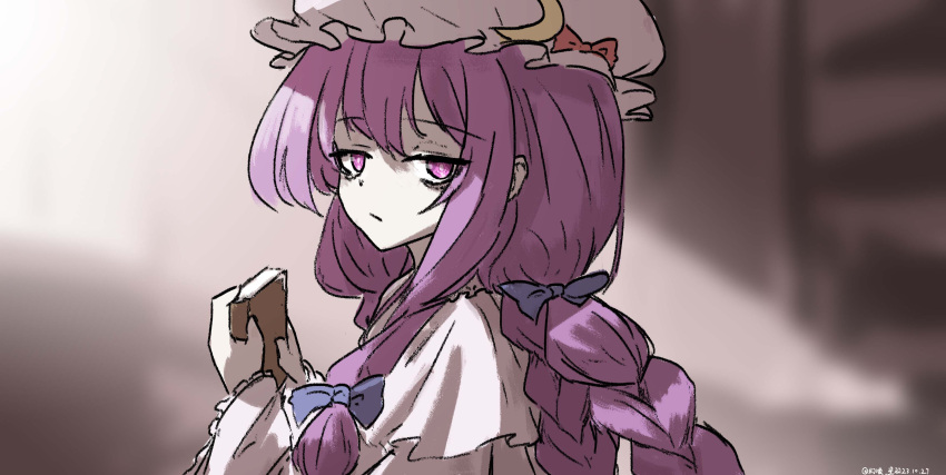1girl absurdres book hat highres looking_at_viewer one-hour_drawing_challenge patchouli_knowledge purple_hair solo tagme touhou ve1024