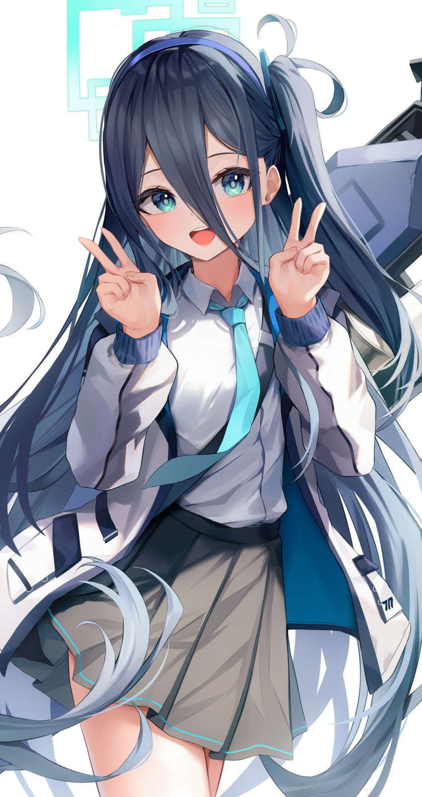 1girl absurdly_long_hair aris_(blue_archive) black_hair black_hairband black_skirt blue_archive blue_eyes blue_halo blue_necktie blush collared_shirt cowboy_shot double_v hairband halo highres long_hair long_sleeves looking_at_viewer necktie one_side_up open_mouth pleated_skirt shirt shuvi_(shuvi1125) skirt smile solo v very_long_hair white_shirt