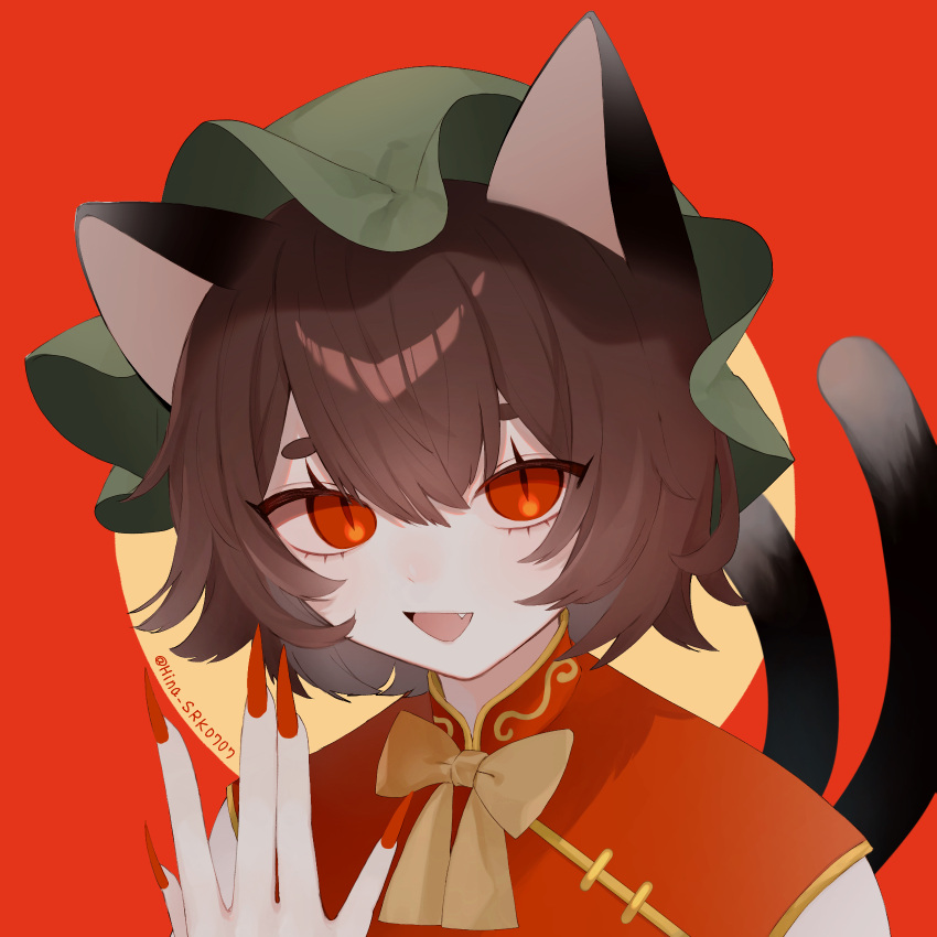 1girl \||/ animal_ears artist_name bow bowtie brown_eyes brown_hair cat_ears cat_tail chen commentary double-parted_bangs eyebrows_hidden_by_hair eyelashes eyes_visible_through_hair fingernails gold_trim green_headwear hair_between_eyes hand_up hat highres hina_(uhnt4478) long_fingernails looking_at_viewer mob_cap multiple_tails nail_polish nekomata portrait red_background red_nails red_vest sharp_fingernails short_hair simple_background slit_pupils solo symbol-only_commentary tail touhou two_tails upper_body vest