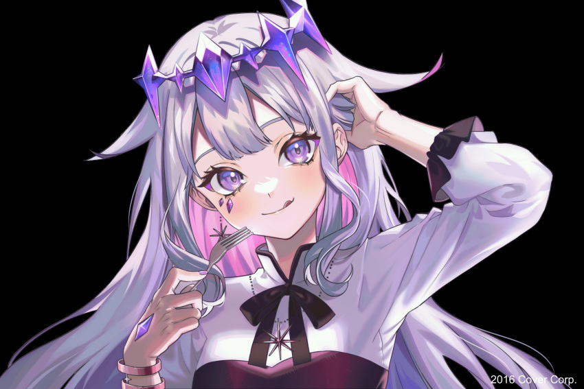 1girl bracelet colored_inner_hair crown earrings fork grey_hair hair_between_eyes hair_flaps hand_in_own_hair highres holding holding_fork hololive hololive_english jewelry koseki_bijou licking_lips long_hair looking_at_viewer multicolored_hair necklace shirt sidelocks star_(symbol) star_earrings star_necklace tongue tongue_out violet_eyes virtual_youtuber white_shirt yunnies