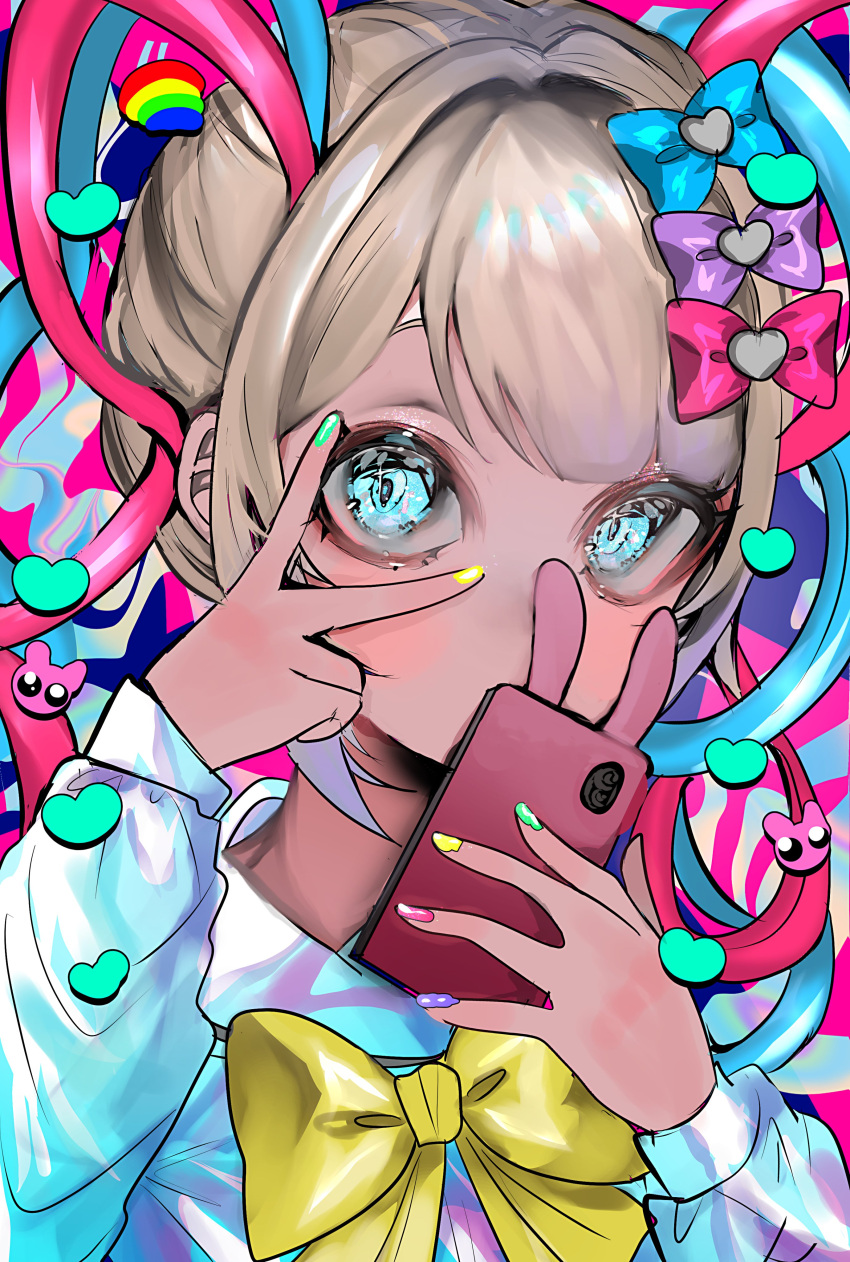 1girl absurdres blonde_hair blue_bow blue_eyes blue_hair blue_shirt blush bow cellphone chouzetsusaikawa_tenshi-chan colorful green_nails hair_bow hair_ornament hands_up heart heart_hair_ornament highres holding holding_phone holographic_clothing long_sleeves looking_at_viewer momae_makku multicolored_hair multicolored_nails nail_polish needy_girl_overdose p-chan_(needy_girl_overdose) phone pink_bow pink_hair pink_nails purple_bow purple_nails quad_tails rainbow shirt smartphone solo twintails upper_body v_over_eye yellow_bow yellow_nails
