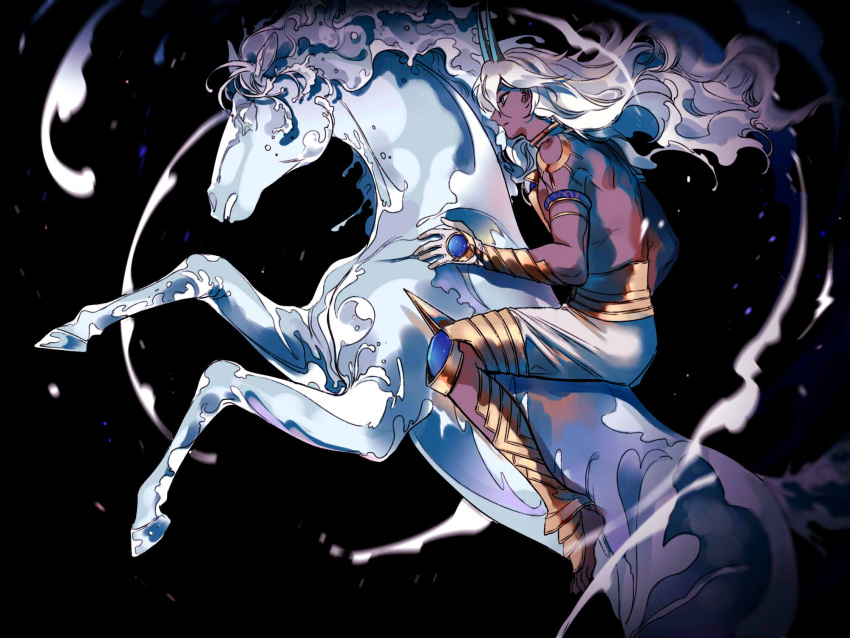 1boy arjuna_(fate) arjuna_alter_(fate) armlet armor barefoot black_background blue_gemstone blue_horns commentary cuisses dark-skinned_male dark_skin easel_(dam0628) fate/grand_order fate_(series) from_side full_body gem gloves gold_armor greaves grey_eyes highres horns horse horseback_riding long_hair looking_afar looking_ahead male_focus riding shorts solo topless_male vambraces white_gloves white_hair white_shorts