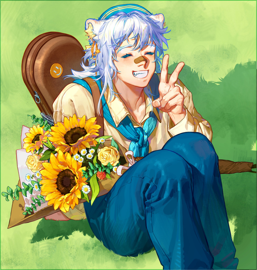 1boy absurdres animal_ear_fluff animal_ears bandaid bandaid_on_face bandaid_on_nose bouquet closed_eyes collared_shirt colored_eyelashes dongbomu ear_ornament facing_viewer fang feet_out_of_frame flower grass green_background grin hand_up highres holding holding_bouquet knees_up long_hair long_sleeves male_focus original outdoors shadow shirt smile solo sticker sunflower v white_hair yellow_flower yellow_shirt