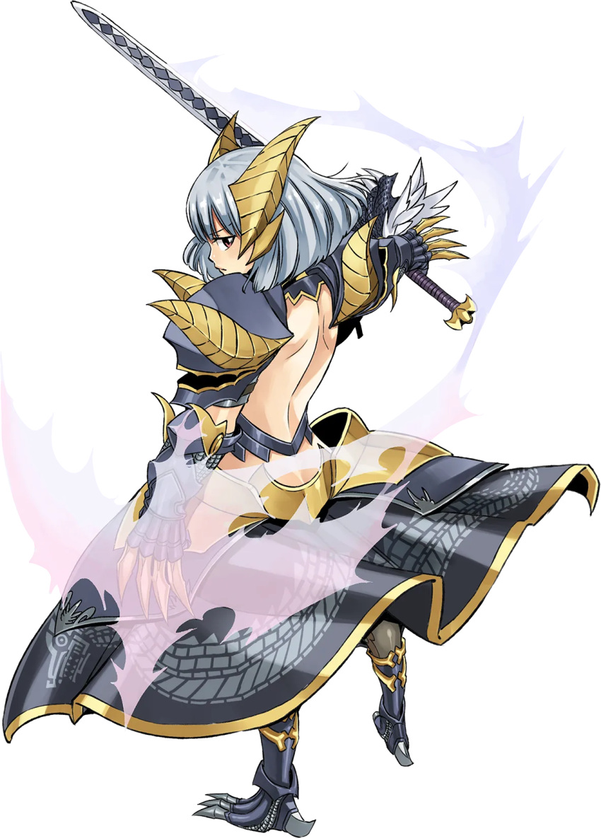 1girl armor backless_outfit black_skirt bob_cut boots brown_eyes elena-maria_(gate_of_nightmares) facing_away full_body gate_of_nightmares gauntlets highres holding holding_sword holding_weapon horns looking_at_viewer looking_back mashima_hiro official_art pauldrons short_hair shoulder_armor simple_background skirt solo sword transparent_background weapon white_hair