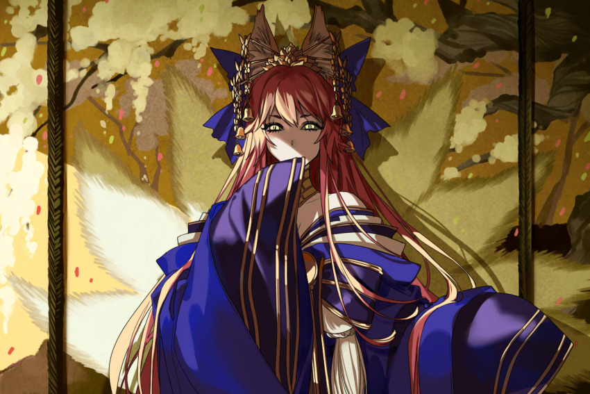1girl animal_ear_fluff animal_ears bare_shoulders bell blue_kimono blue_ribbon commentary covered_mouth covering_mouth cowboy_shot easel_(dam0628) fate/extra fate/extra_ccc fate/grand_order fate_(series) fox_ears fox_girl fox_tail glowing glowing_eyes gold_trim hair_between_eyes hair_ornament hair_ribbon hand_up japanese_clothes kimono long_hair looking_at_viewer multiple_tails pink_hair ribbon sleeves_past_fingers sleeves_past_wrists slit_pupils solo tail tamamo_(fate) tamamo_no_mae_(fate/extra) very_long_hair yellow_eyes