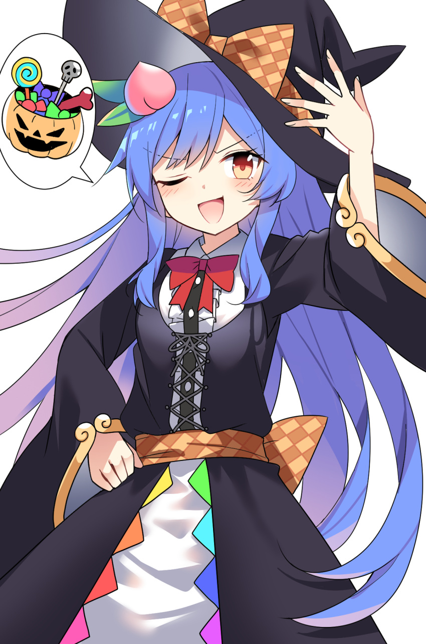 1girl ;d black_dress black_headwear blue_hair blush candy commentary dress e.o. food fruit fruit_hair_ornament halloween hat highres hinanawi_tenshi jack-o'-lantern long_hair long_sleeves looking_at_viewer official_alternate_costume one_eye_closed orange_eyes peach simple_background smile solo touhou white_background witch_hat