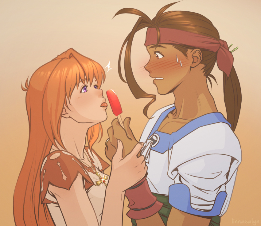 bandana blush brown_hair dark_skin elhaym_van_houten fei_fong_wong food hand_grab highres holding jewelry linnaealyn looking_at_another necklace ponytail popsicle redhead sweat tongue tongue_out violet_eyes xenogears