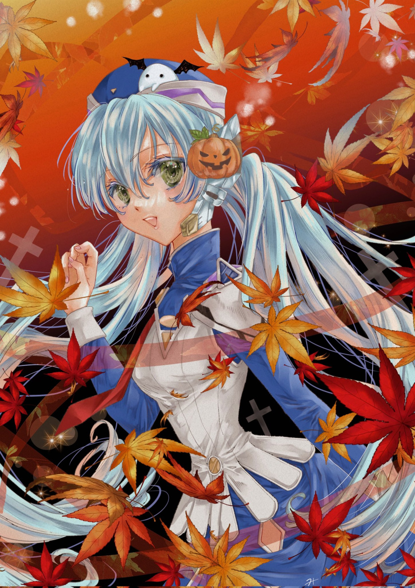 1girl arm_at_side autumn autumn_leaves black_background blue_dress blue_hair blue_headwear colored_eyelashes commentary_request commission cowboy_shot dress eyelashes eyes_visible_through_hair falling_leaves fingernails floating_hair food-themed_hair_ornament gradient_background green_eyes hair_between_eyes hair_ornament hand_up high_collar highres hoshino_yumemi leaf long_hair long_sleeves looking_at_viewer low_twintails maple_leaf open_mouth orange_background otomakano planetarian pumpkin_hair_ornament robot_ears second-party_source shirt signature skeb_commission smile solo sparkle standing teeth twintails upper_teeth_only very_long_hair white_shirt