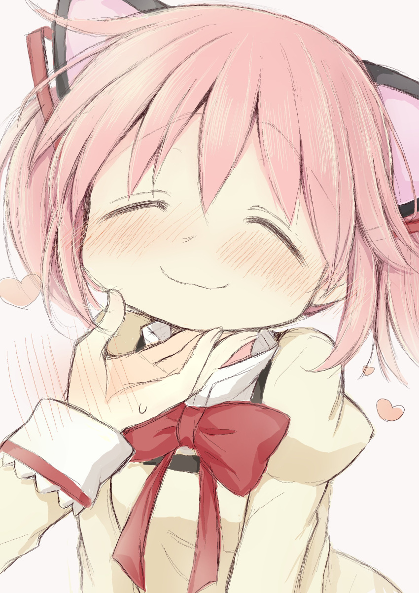 1girl 1other absurdres animal_ears blush bow bowtie cat_ears closed_eyes hand_on_another's_chin highres hitode kaname_madoka mahou_shoujo_madoka_magica mitakihara_school_uniform nose_blush pink_hair red_bow red_bowtie school_uniform short_hair short_twintails twintails upper_body