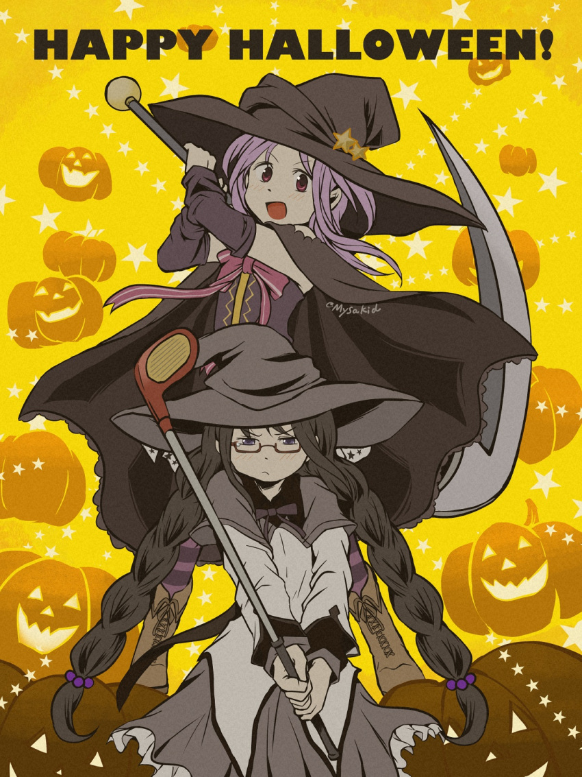 2girls :d akemi_homura arm_warmers black_cape black_hair black_headwear black_sleeves braid brown_footwear cape capelet closed_mouth crop_top cross-laced_footwear detached_sleeves frilled_skirt frills frown glasses golf_club grey_capelet grey_skirt halloween hands_up happy_halloween hat hat_ornament highres holding holding_golf_club holding_scythe improvised_weapon jack-o'-lantern legs_apart long_hair long_sleeves looking_at_viewer magia_record:_mahou_shoujo_madoka_magica_gaiden magical_girl mahou_shoujo_madoka_magica misono_karin multiple_girls mysakid open_mouth parted_bangs pink_eyes purple_hair purple_thighhighs red-framed_eyewear scythe semi-rimless_eyewear shirt skirt smile standing star_(symbol) star_hat_ornament striped striped_thighhighs swinging thigh-highs twin_braids very_long_hair violet_eyes white_shirt witch_hat yellow_background